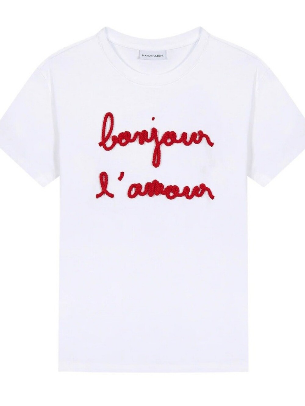 Bonjour l'amour White Tee with Red Script Embroidery